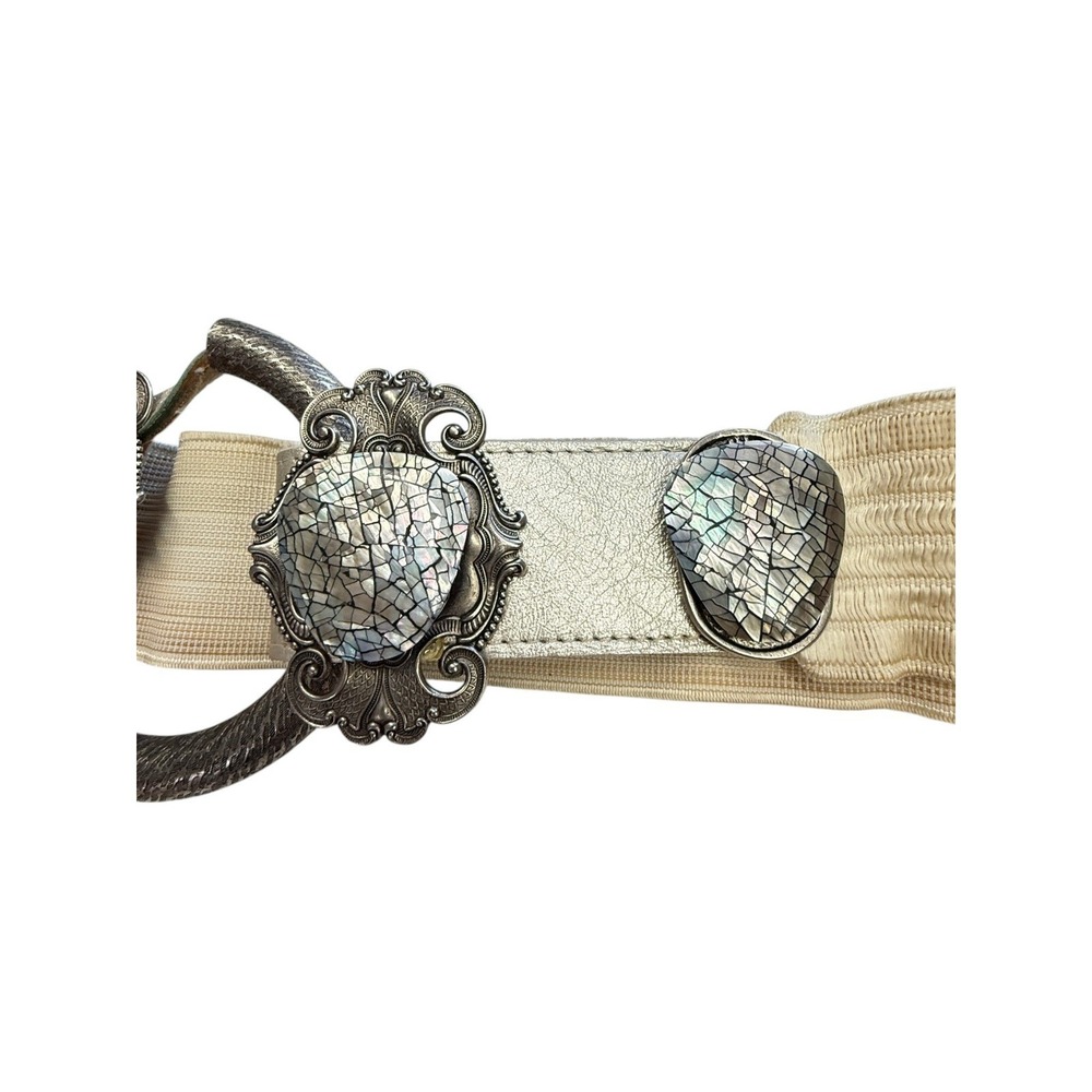 Vintage Womens Belt Ornate Silver Abalone Shell Mosaic Elastic Cinch Waist Large - Picture 5 of 10